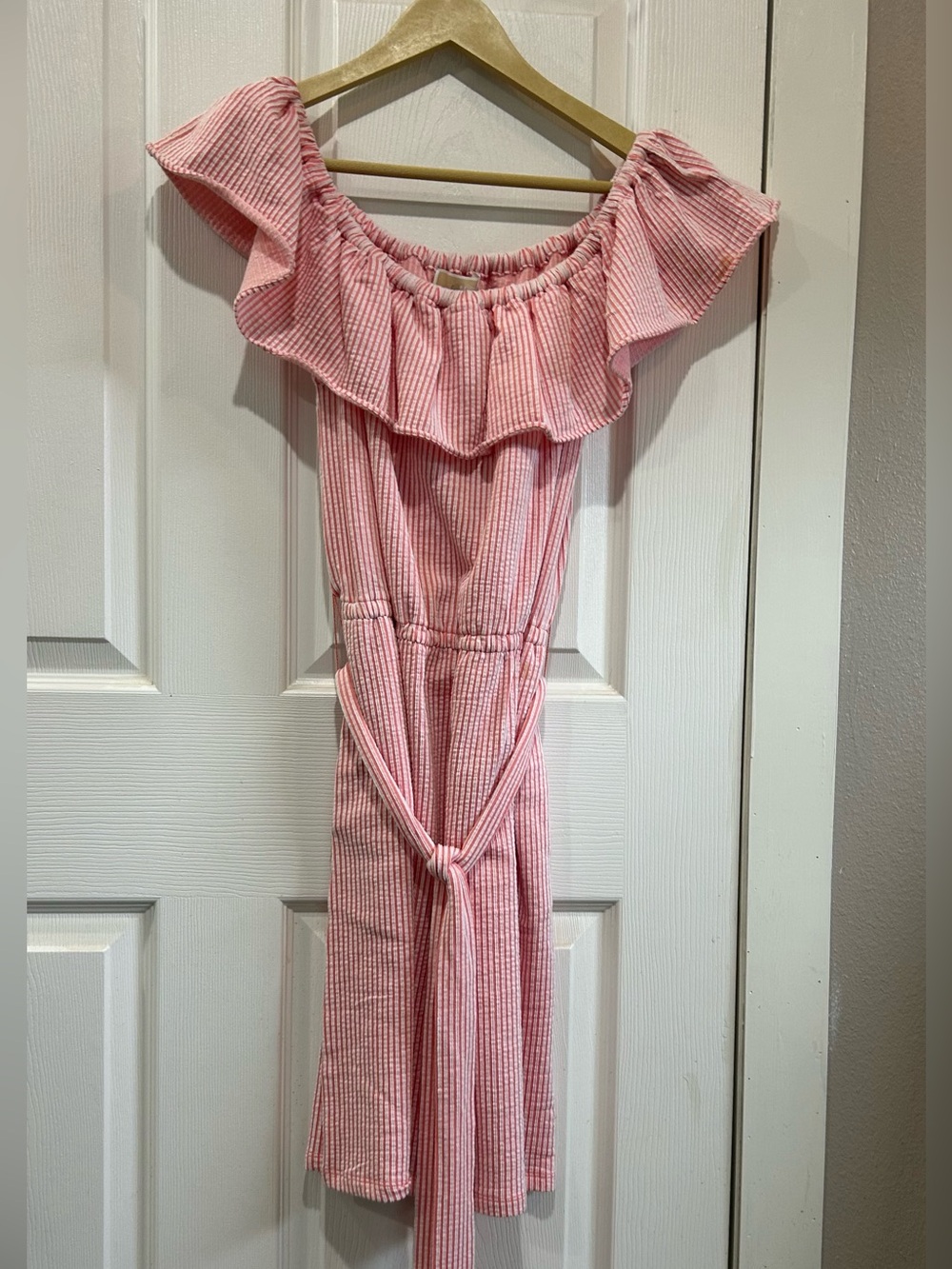 Pink Striped Off-Shoulder Ruffle Midi Dress by Michael Kors